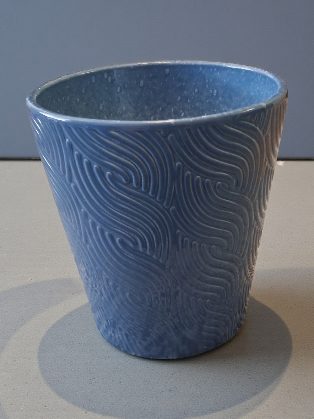 blue glazed ceramic damask patterned planter pot  Made In USA flower Pot